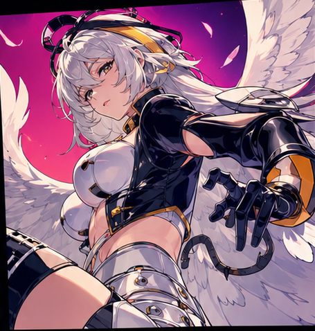 White-haired anime character with cyber angel wings