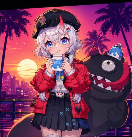 Cute anime character drinking in a sunset city scene