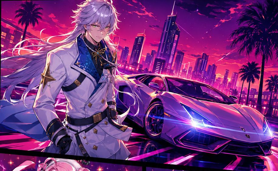Anime character beside a neon sports car in the city