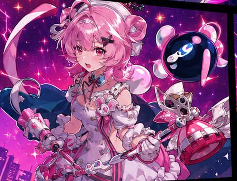 Pink-haired anime mage with bright city lights