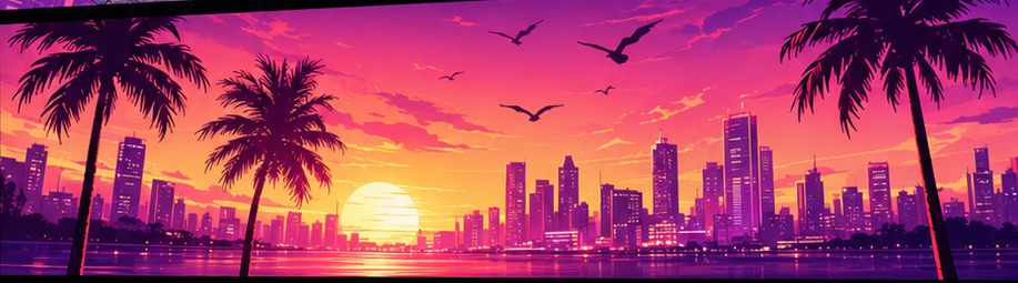 Neon sunset skyline with palm trees
